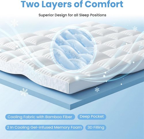 DUMOS Queen Mattress Topper - Dual Layer 4 Inch Memory Foam & Pillow Top for Back Pain Relief | 8-16 Inch Deep Pocket