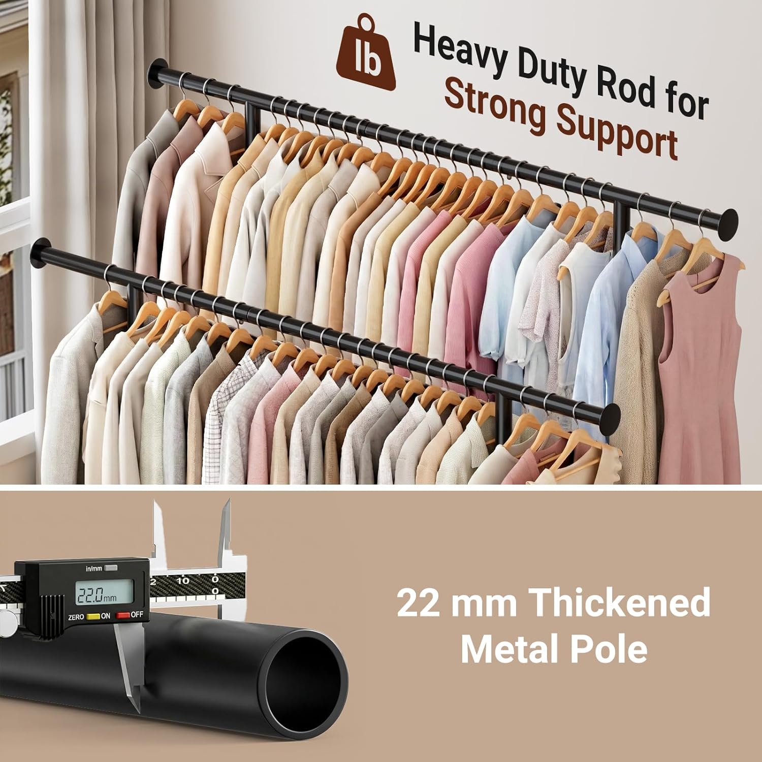 Sleeping Lamb Double Rod Clothes Rack - Sturdy Portable Garment Rack with 3-Tier Shelves | Black