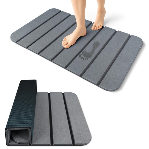 ArtyCozy Large Foldable Stone Bath Mat 28''×17'' with Non-Slip Rubber Base, Super Absorbent Quick Drying Diatomaceous Earth Mat for Bathroom, Easy to Store, Easy to Clean, Grey