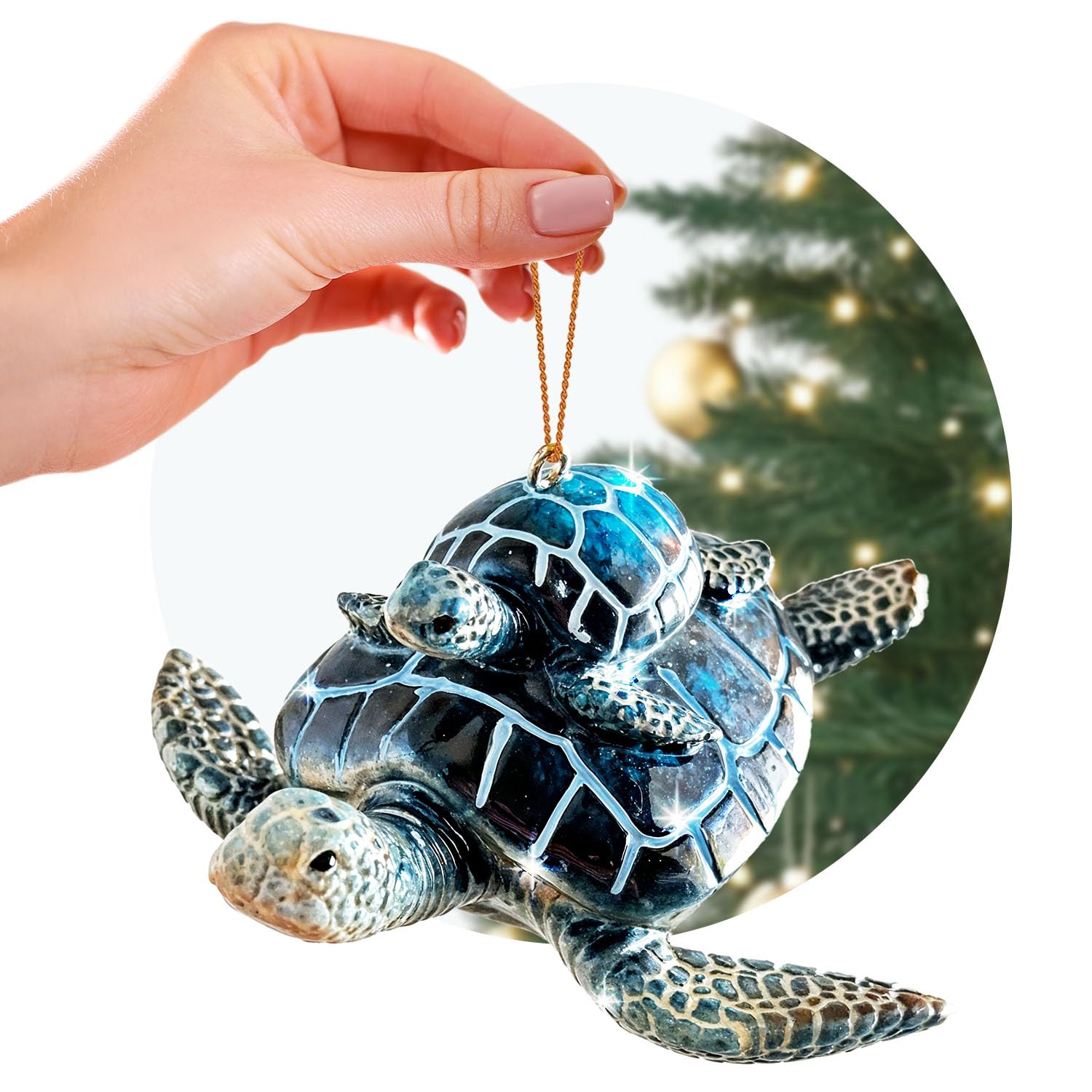 Hand-Painted Beach Christmas Ornament – Coastal Tree Decoration for Ocean Lovers – Unique Nautical Ornament for Christmas Tree or Stocking Stuffer Gift (Blue Sea Turtle Mother and Baby)
