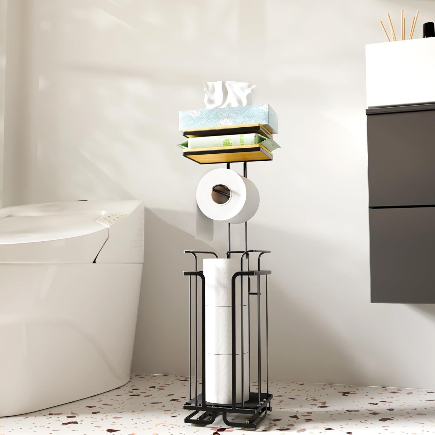 Skiennix Free Standing Toilet Paper Holder - Rustproof Metal Stand with Shelf for 4 Rolls | Black