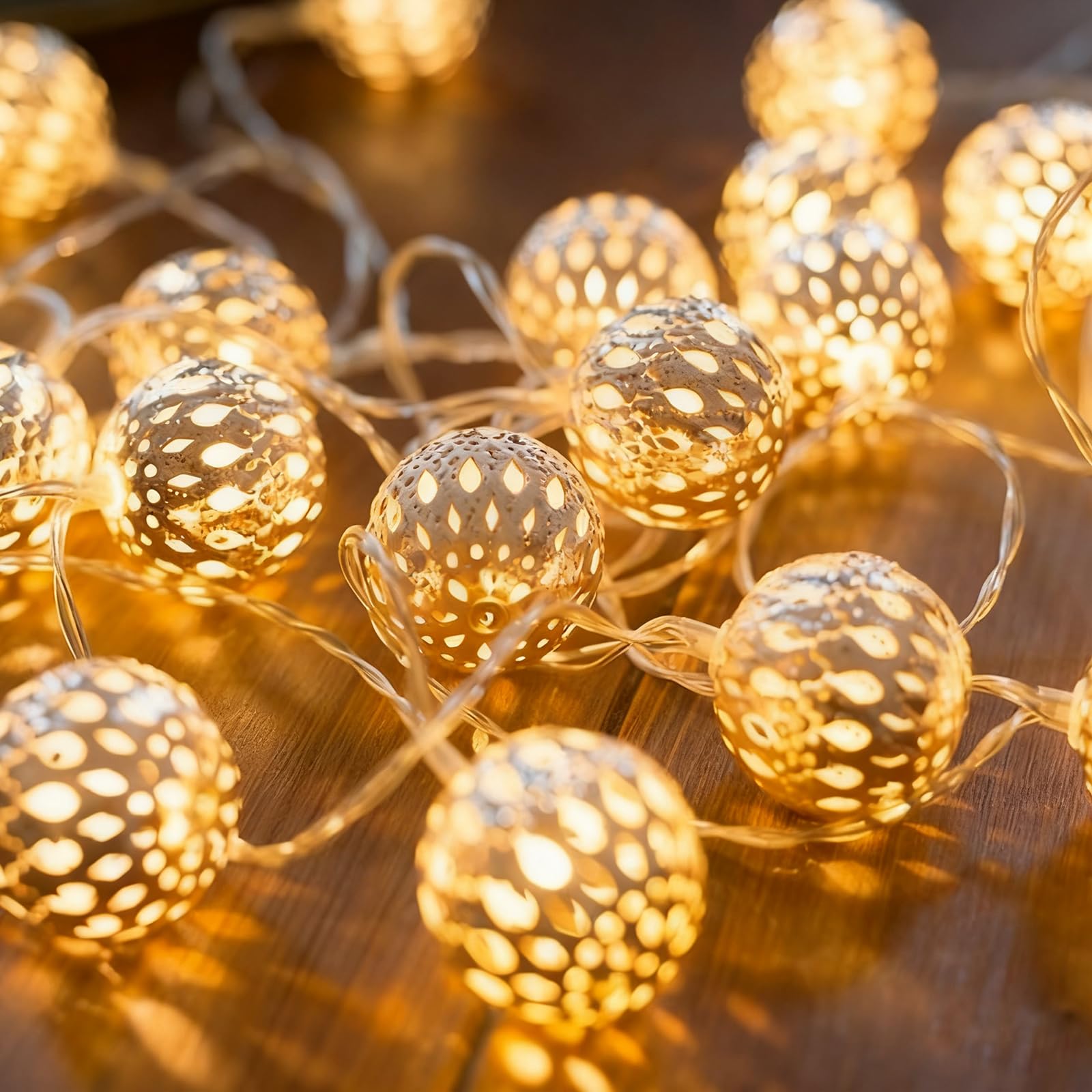 USB & Battery Operated Pattern Lanterns String Lights, Decorative Fairy Boho Light for Home Bedroom, 9.8ft 20 LED Gold Moroccan Globe Diwali Decoration for Christmas Birthday Party (Warm White)