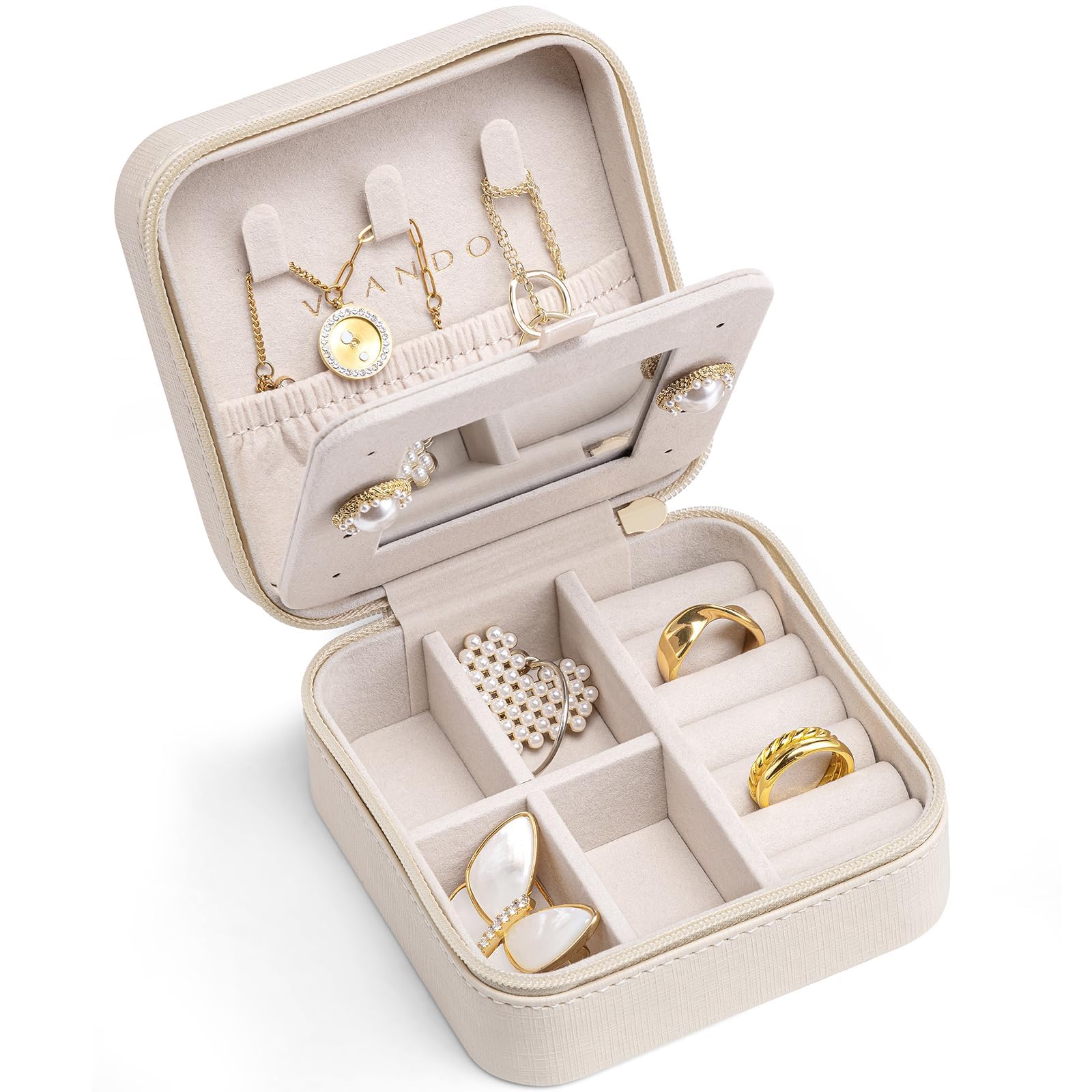 VLANDO Bridesmaid Gifts - Small Travel Jewelry Box Organizer - Wedding Gifts for Girls Women Rings Earrings Necklaces Storage with Mirror - Milky White