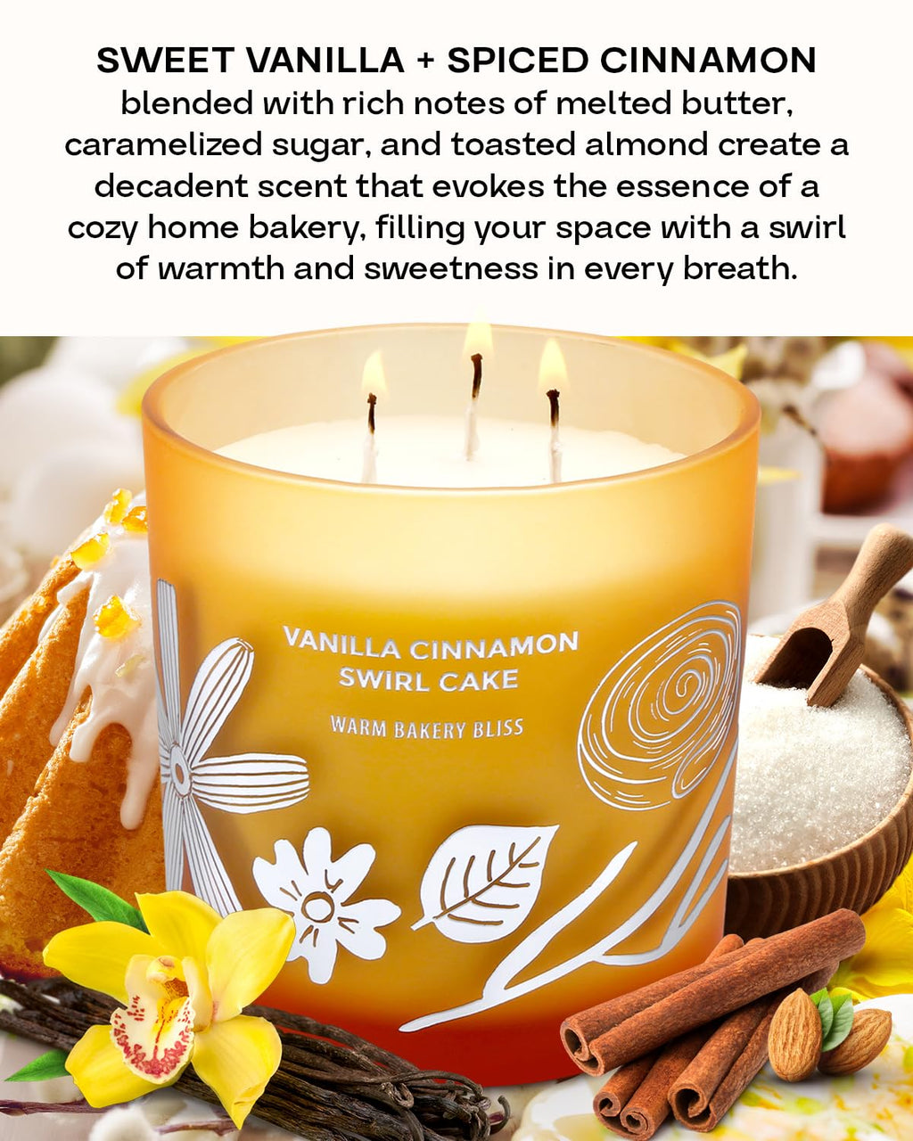 Vanilla Cinnamon Swirl Cake Candle, 14.5oz Large 3-Wick Soy Scented Candles for Home, Warm Bakery Scent, Long Lasting Aromatherapy Candle, Gift for Women & Men