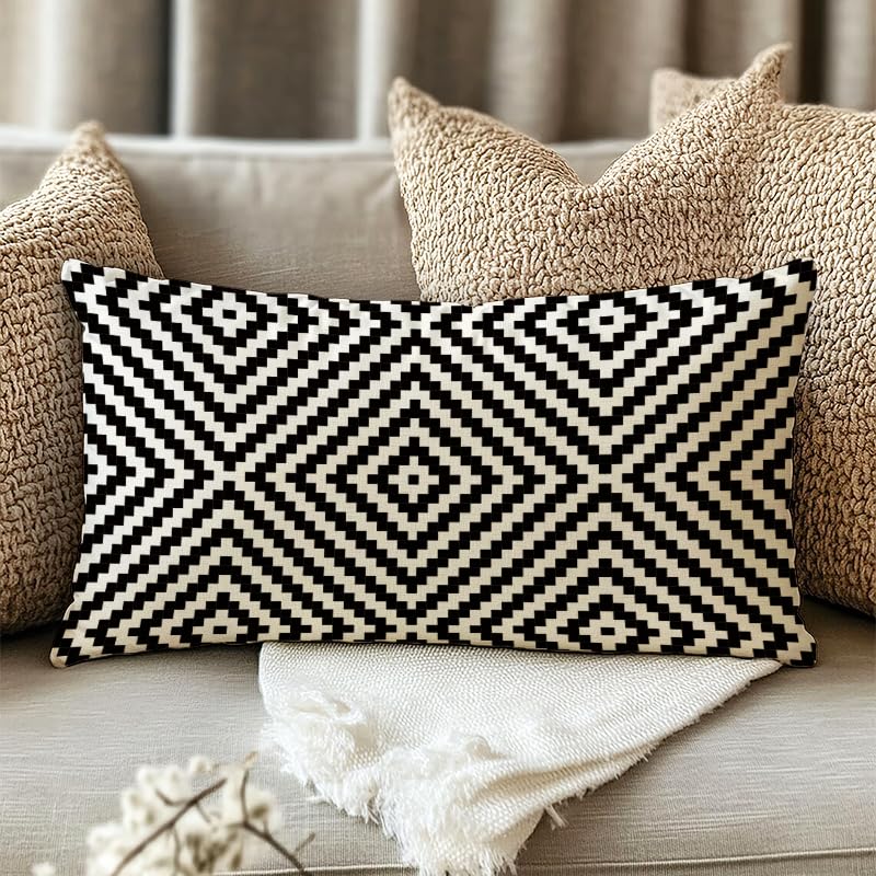 Fahrendom Geometric Striped Lumbar Pillow Cover, 12" x 20" Cotton Linen