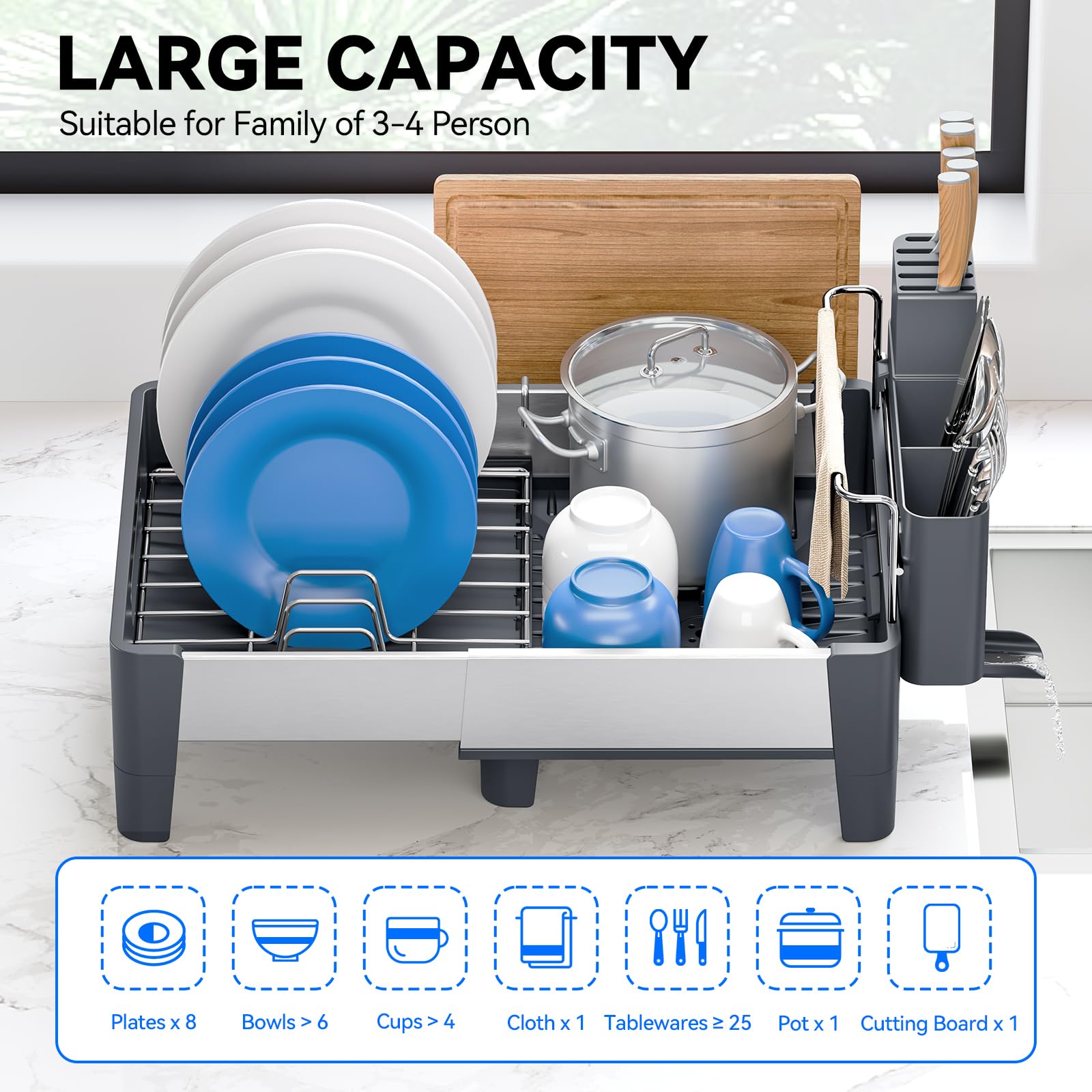 Urackify Expandable Dish Drying Rack, Stainless Steel Dish Rack with Aluminum Frame, Dish Drainer for Kitchen Counter, Space Saving Kitchen Drying Rack with Movable Utensil Holder, Gray