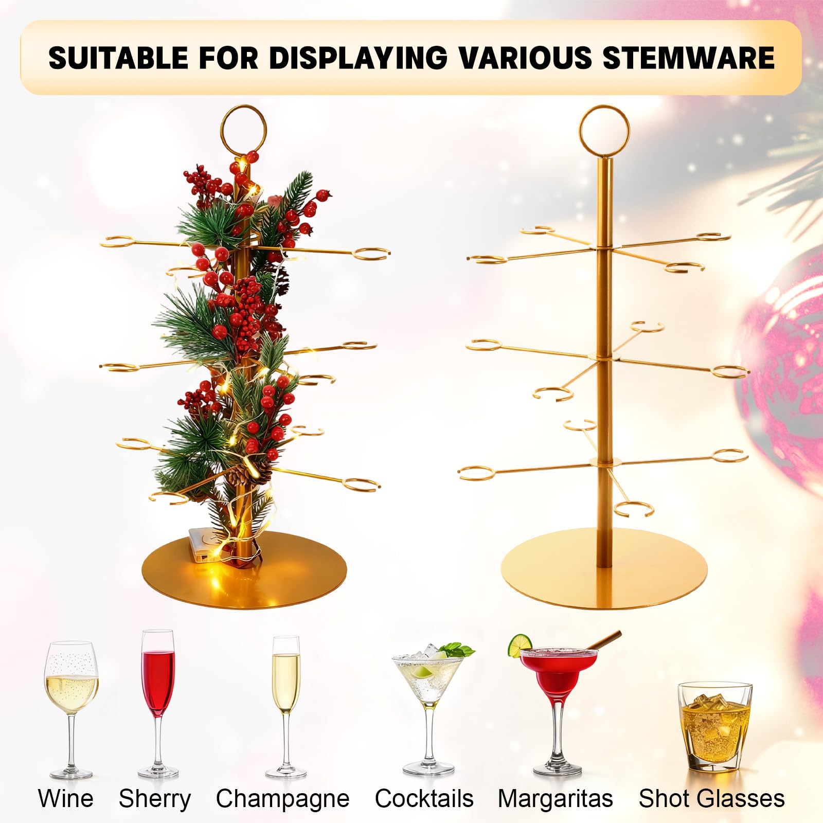 Acellegic 3 Tiers Christmas Gold Cocktail Tree Stand with 12 Holders 12 Pcs 10 oz Wine Glass Light Tree Drink Holder Display Tower with Pinecone Branch for Party Champagne Bar Bridal Shower Wedding