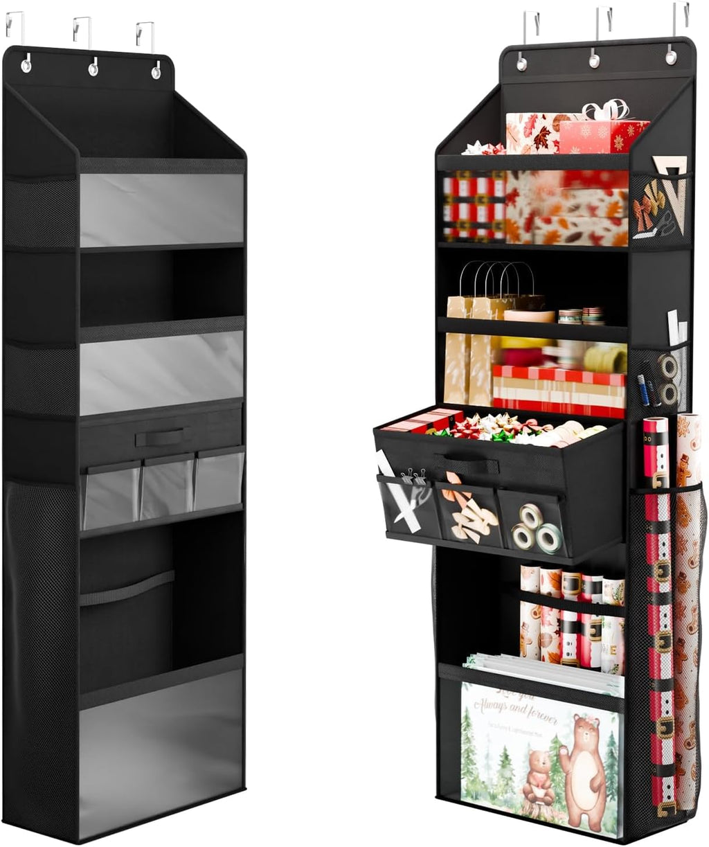 Skiennix Over Door Wrapping Paper Organizer - Multi-Purpose Storage with Removable Drawer & Pockets