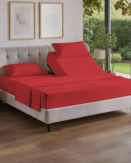 Flex Top Split Head King Sheet Set - Comfy, Breathable & Cooling Luxury Bedding - Ultra-Soft, Deep Pockets, Oeko-Tex Certified - Red