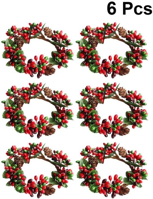 Amosfun Christmas Candle Ring Set - 6Pcs Artificial Berry Wreaths for Holiday Table Decor