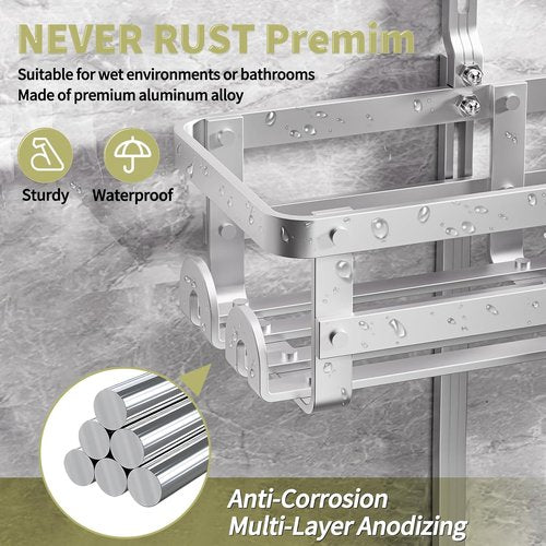 GAOKASE Aluminum Shower Caddy - Rustproof Hanging Organizer with 4 Levels & 10 Hooks - Silver