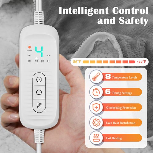Wearable Heated Blanket with Zipper Design, Electric Wearable Throw Blanket with Sleeves, Hood, Heated Hoodie Blanket, Wearable Electric Blanket with 8 Heating Levels, 1-10H Auto-off Settings, 43*60"