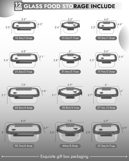 Glass Containers 12-Pack by [Brand Name] - Oven-Safe Borosilicate, Airtight, BPA-Free, Multi-Size (Gray)