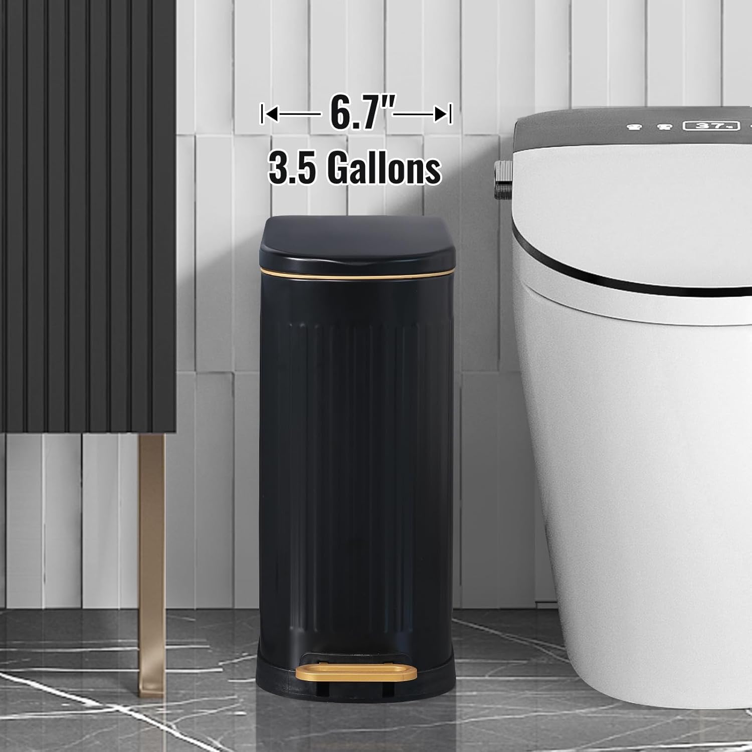 SYNCVIBE Slim Bathroom Trash Can - Stainless Steel Soft Close Step Bin with Removable Inner Bucket | Matt Black, 3.5 Gallons