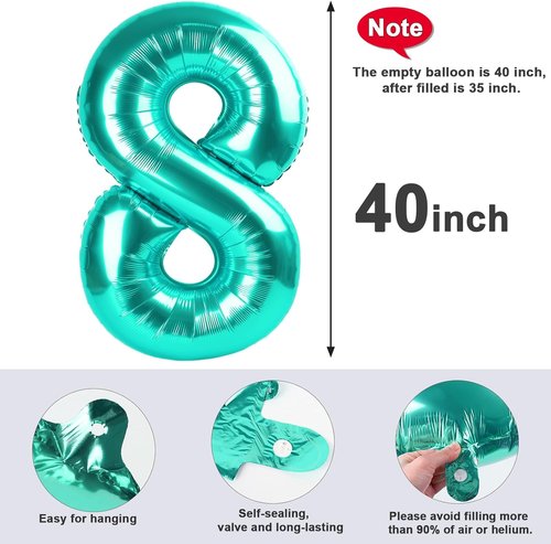 40 Inch Blue-Green Number 8 Balloon | Perfect for 8th Birthday, Weddings & Graduations