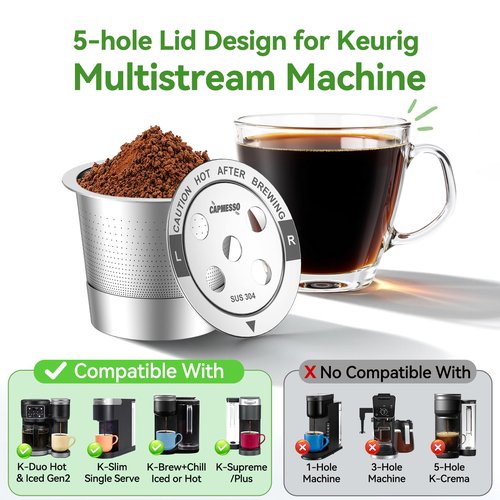 CAPMESSO Reusable K Cups for Keurig: 2026 Updated All Stainless Steel Coffee Pods with 5 Holes for Keurig K Supreme, K Slim, K Duo Gen 2 Multistream Coffee Maker with Scoop, Zero Plastic (4 Pack)