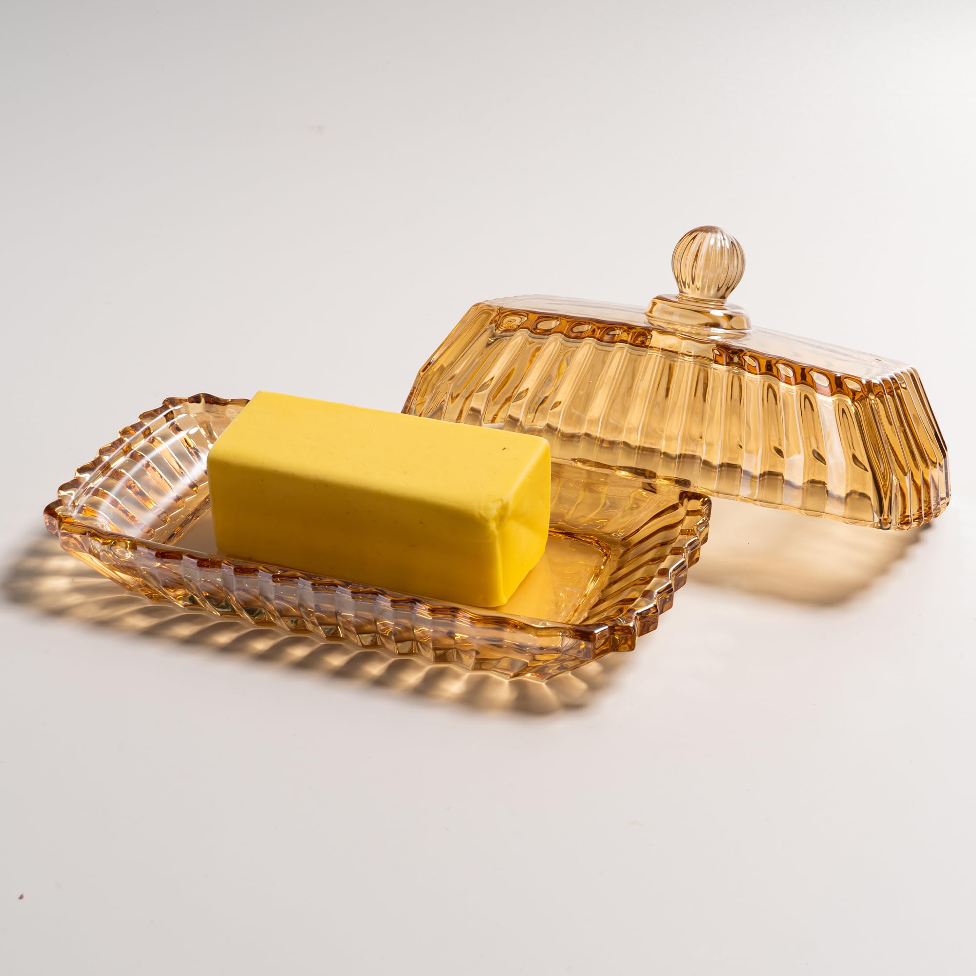 Champagne Color Glass Butter Dish with Lid, Covered Butter Stick Holder Tray, Crystal Glass Butter Storage Container for Kitchen Countertop