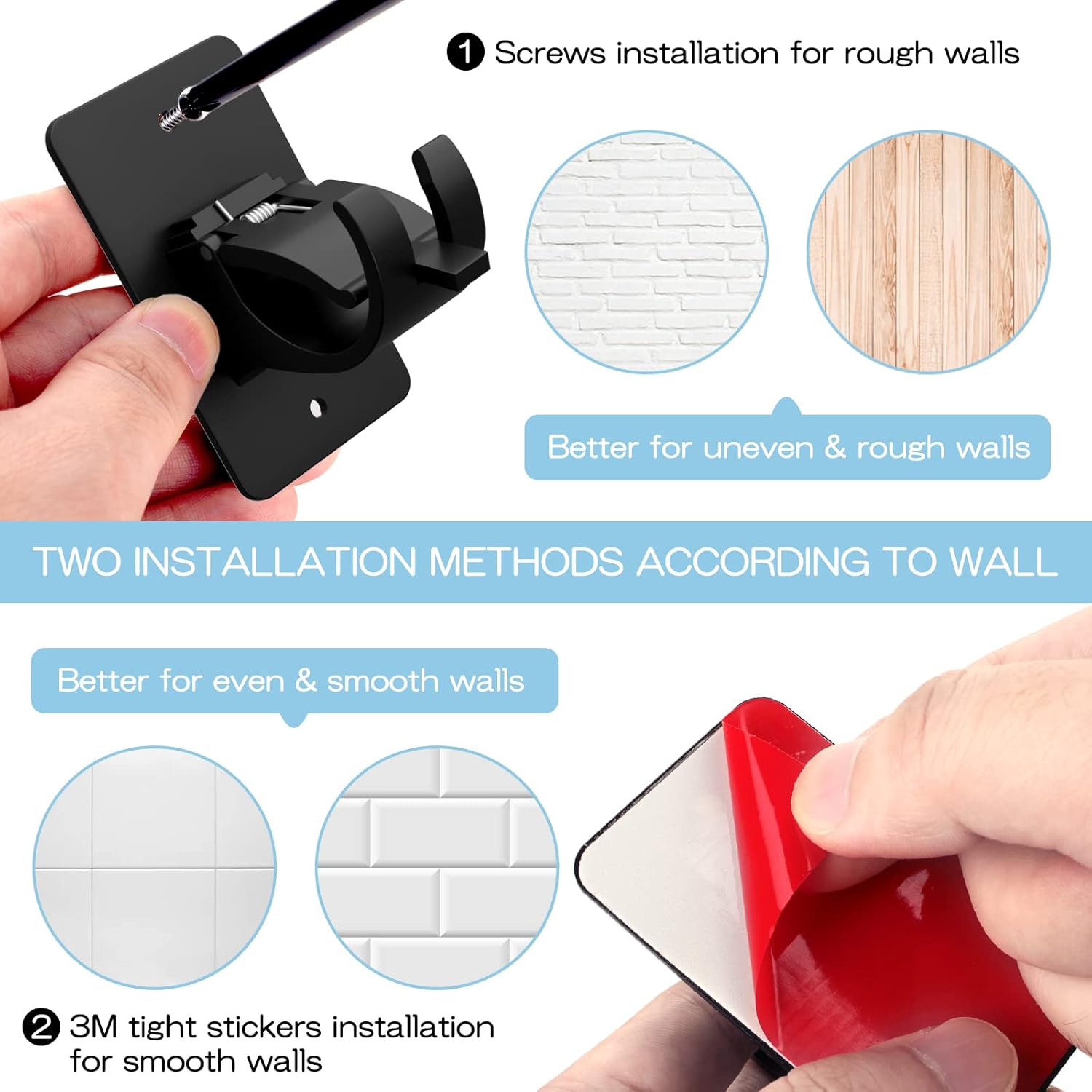 Skiennix Self-Adhesive Curtain Rod Brackets - No Drill, Universal Plastic Holders for Home Use | Black, 2 Pieces