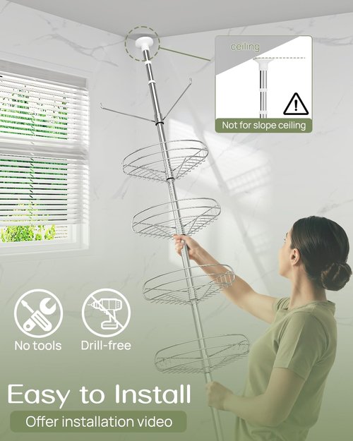 ALLZONE Corner Shower Caddy - Adjustable 4-Tier Rustproof Bathroom Organizer | Tension Mounted, 56-113 Inch Height, Silver