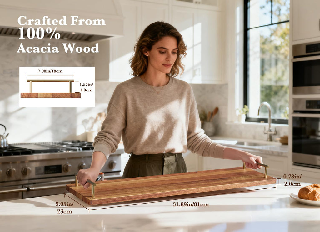 Dofira Large Charcuterie Board with Metal Handles – 32" Acacia Wood Serving Board for Cheese, Meat & Appetizers – Extra Long Kitchen Platter for Gatherings, BBQ & Home Decor