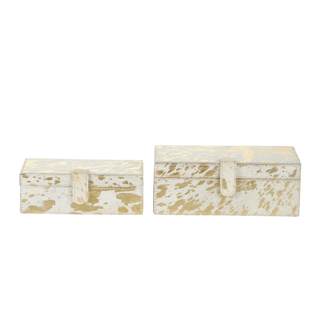 Deco 79 Leather Handmade Decorative Box Decorative Keepsake Boxes with Gold Foil Paint, Set of 2 Storage Boxes 8", 10"W, Gold