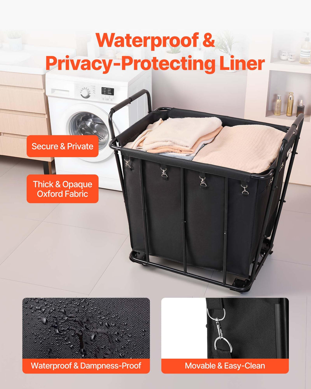 VEVOR Laundry Cart, Rolling Grocery Utility Cart with Waterproof Liner & Swivel Wheels, 260 LBS Large Load Capacity, Heavy Duty Shopping Basket for Laundry, Shopping, Camping, Grocery, Luggage, Black