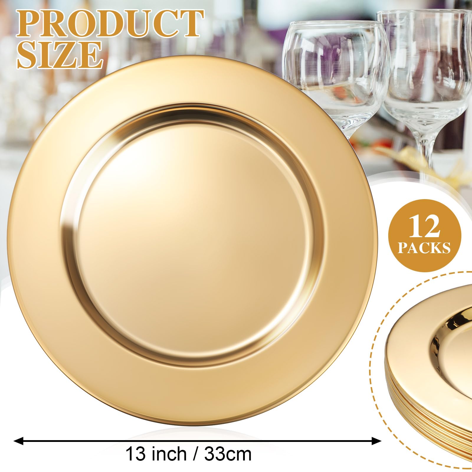 Vesici 12 Pcs Gold Stainless Steel Charger Plates 13 Inch Round Metal Charger Plates Bulk Mirror Elegant Charger Luxury Table Decor for Wedding Dinner Party
