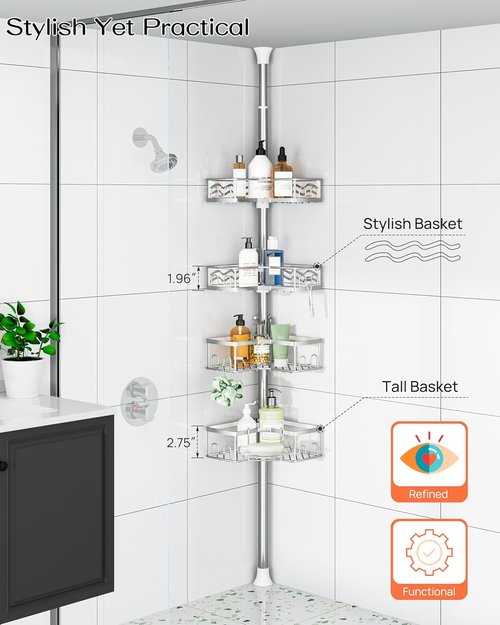 ALLZONE Corner Shower Caddy - Adjustable Tension Pole with 4 Baskets & Dual Hooks | Rust-Resistant Stainless Steel, 34-116 Inch
