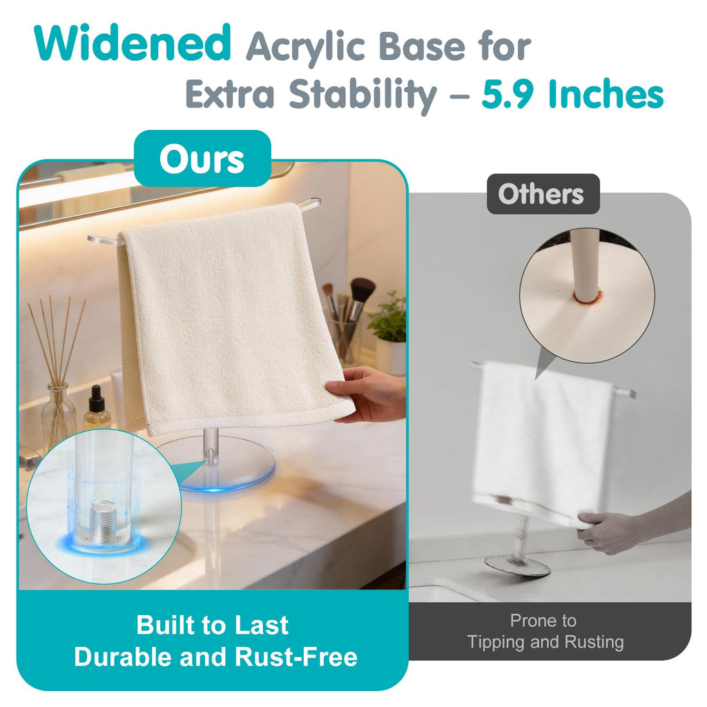 NutroLab Clear Acrylic Hand Towel Holder Stand, T-Shape Free-Standing Towel Rack for Bathroom & Kitchen, Modern Minimalist Design, Simple Assembly, Countertop Organizer