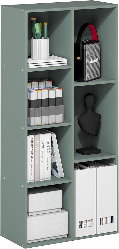 Furinno LUDER 7-Cube Bookshelf - Easy Assembly Bookcase with Open Shelves | Sage Green, 9.4 x 19.5 x 41.7