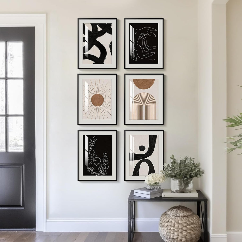 Skiennix Framed Boho Black and White Abstract Wall Art - Set of 6 Geometric Prints for Living Room, 11x14 Inch