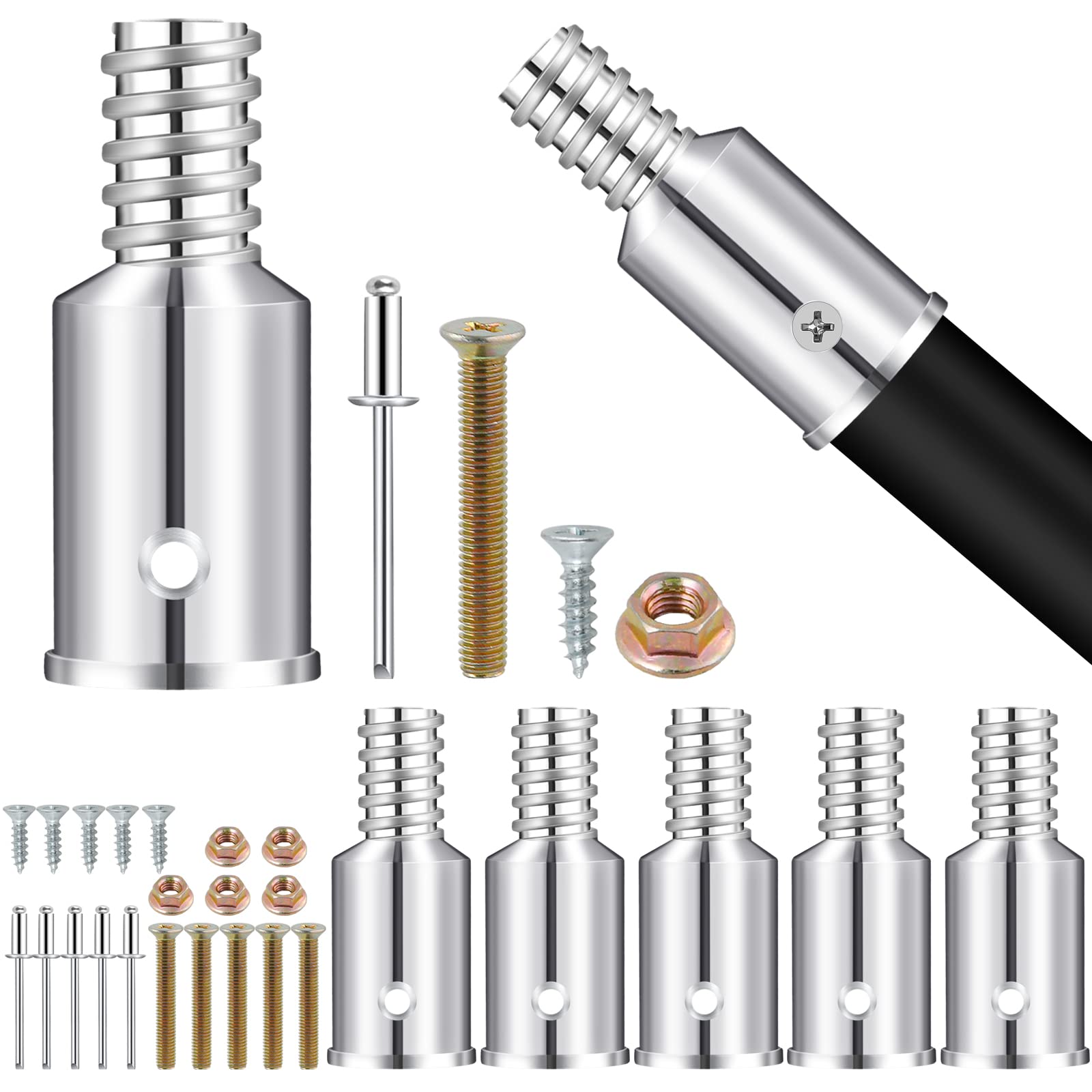 Elesunory 6Pcs Threaded Tip Replacement, Broom Handle Threaded End, Ultra Threaded Tip Repair Kit, Metal Broom Handle Adapter for 0.98 Inch Broom Stick Pole