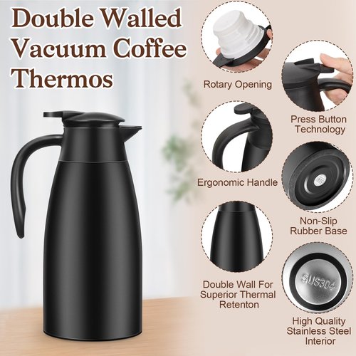 Essenya 2 PCS 68 OZ Thermal Coffee Carafe, Insulated Stainless Steel Coffee Carafe Double Walled Vacuum Thermal Pot Flask with Brushes Thermos for Keeping Hot Coffee Tea Home and Office (Black)