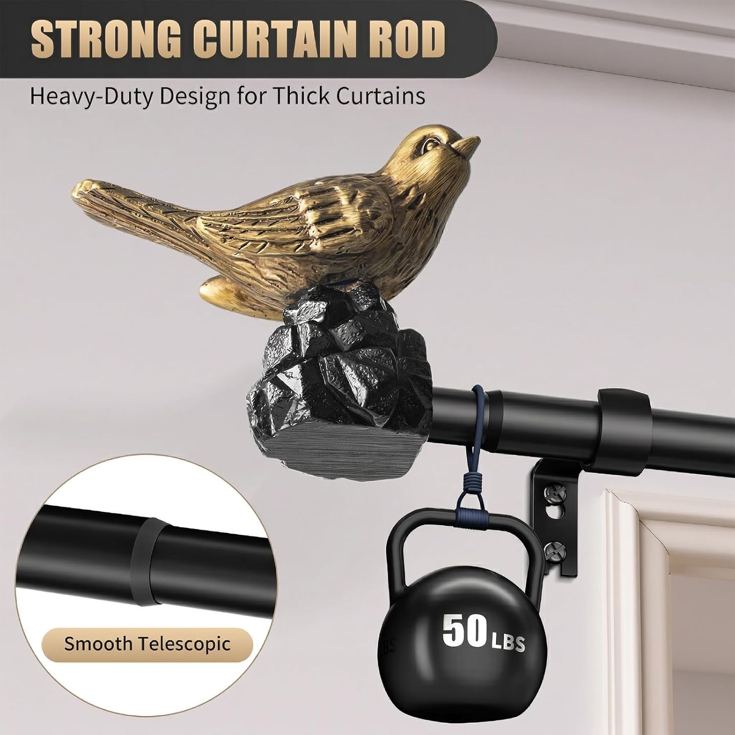 Vintage Black Curtain Rod - Adjustable 18 to 45 Inches | Heavy-Duty Drapery Rod with Gold Bird Finials