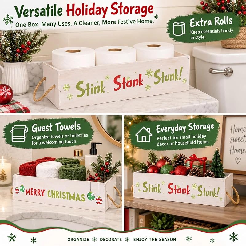 Christmas Wooden Toilet Paper Storage Basket with Rope Handles