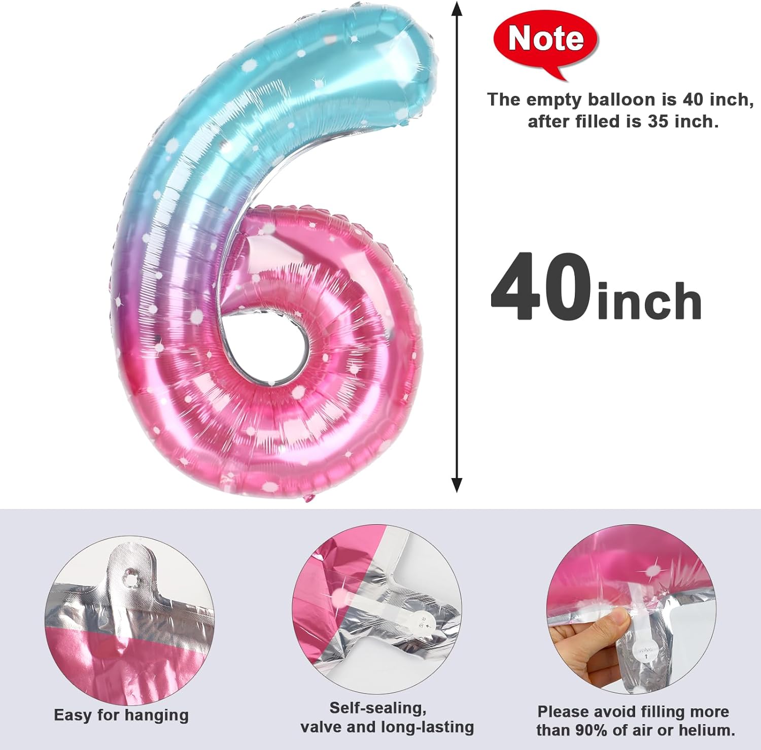 Skiennix 40-Inch Number 6 Balloon - Vibrant Pink, Purple & Blue Birthday Decorations for Boys & Girls