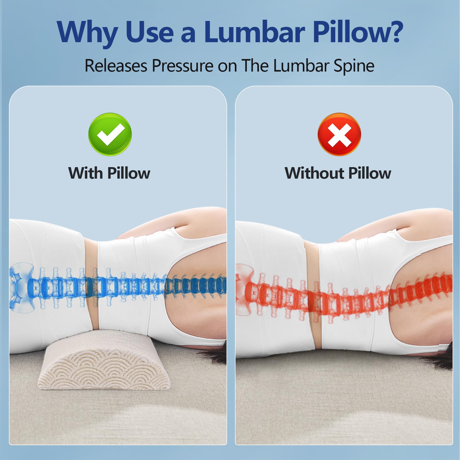 Cozyhealth - 2.95" H*18.7" L - Soft Small Lumbar Pillow for Sleeping, Memory Foam Back Lumbar Support Cushion for Lower Back Pain Relief Bed Waist Sleep Support Pillow for Side, Back (White, Small)