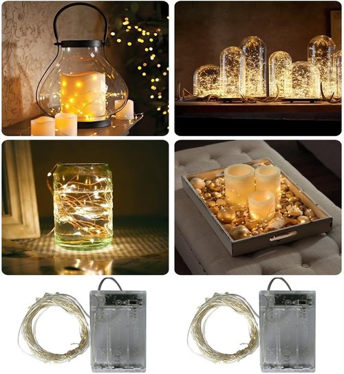 BXROIU Fairy Lights - 2 x 20 LED Battery Operated Silver Wire String Lights | Warm White for Bedroom & Party Decor (6.6 ft)