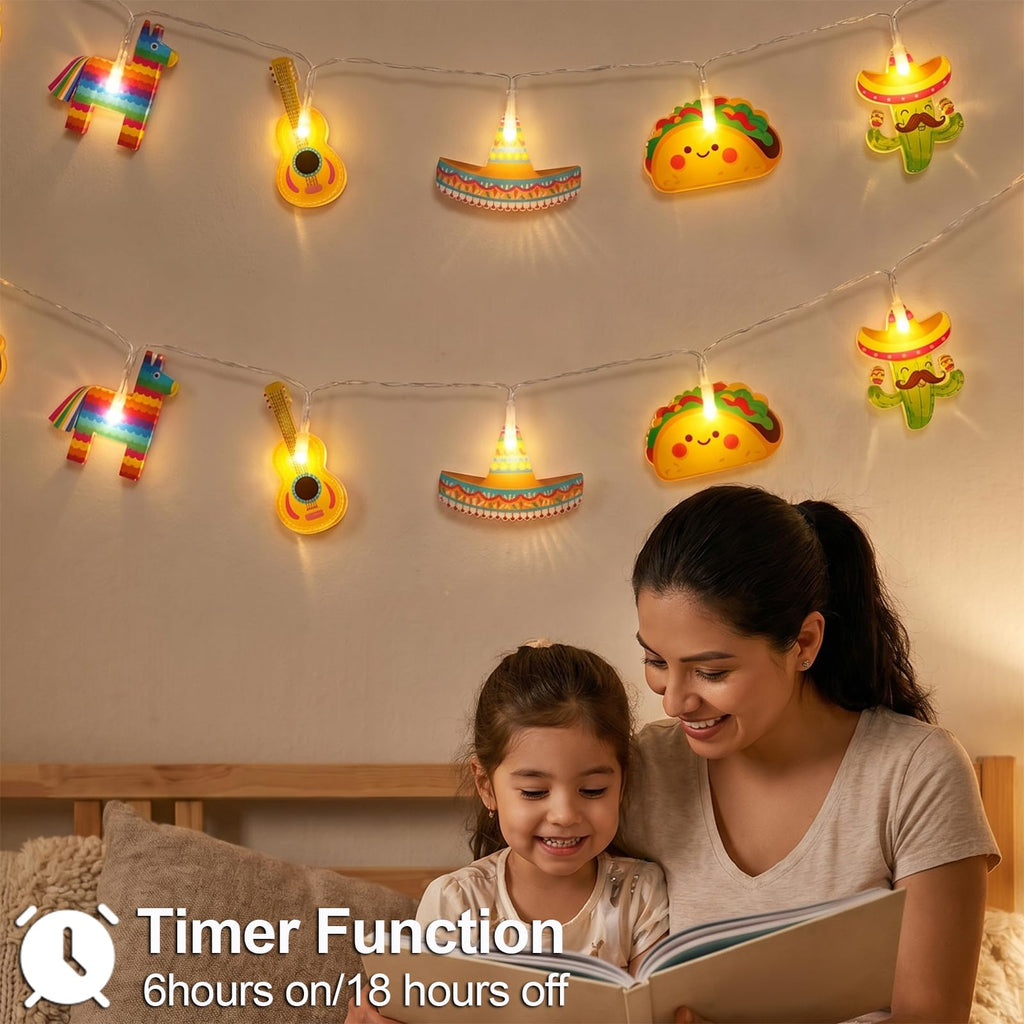 Cinco De Mayo Decorations Mexican Fiesta Theme Party String Lights, Fairy 10Led Battery Operated with Timer, Piñata Guitar Taco Sombrero Hat Cactus with Maracas Shaped Birthday Decor Tree Ornaments