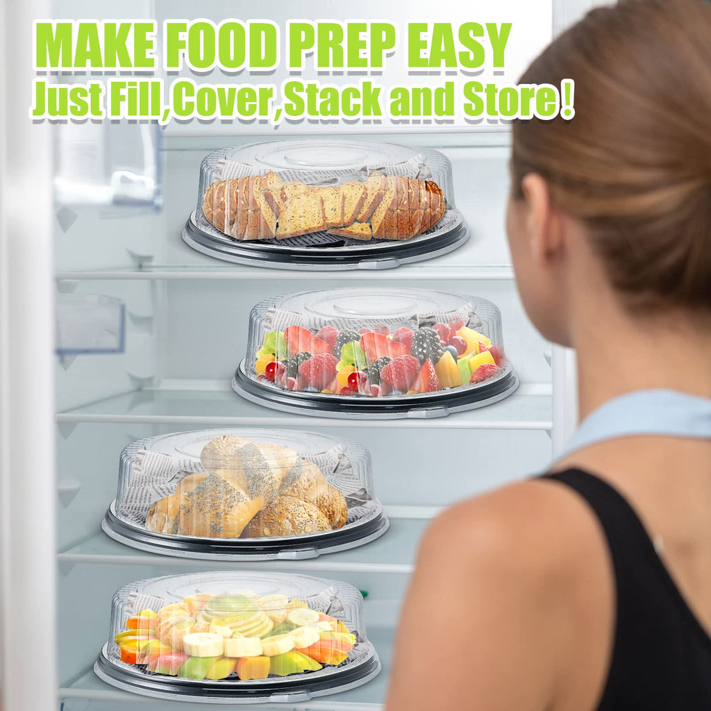 Tessco for you 12 Pack Heavy Duty Repeatedly Plastic Serving Tray with Lid and 24 Pcs Deli Wax Paper Sheets Sets Large Party Platters with Clear Lids Stackable Round Food Serving Trays (Black,16inch)