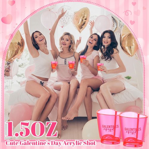 Ferrochef 24 Set Galentine Day Gift Heart Shaped Shot Glasses Set 1.5 oz Plastic Drinking Cups with Galentine Greeting Cards for Valentines Friendship Women Party Favors(Fuchsia)