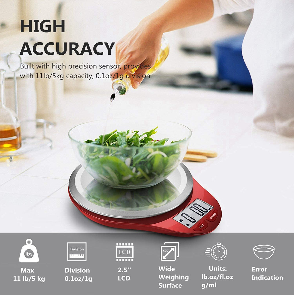 NUTRI FIT Digital Kitchen Scale - Large Stainless Steel Platform for Accurate Baking & Cooking | 1g Increment, Red