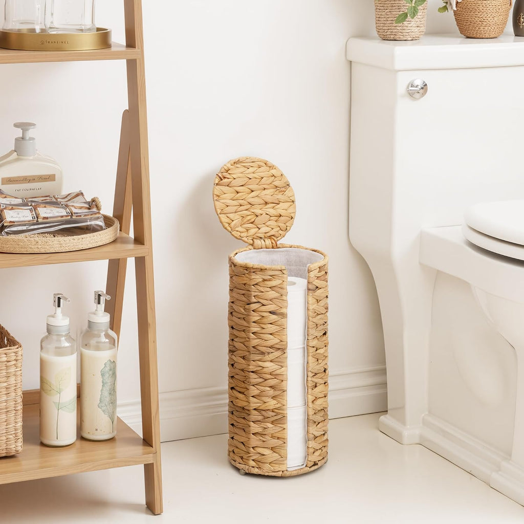 StorageWorks Toilet Paper Holder Stand - Free Standing Water Hyacinth Design with Lid for 3 Rolls