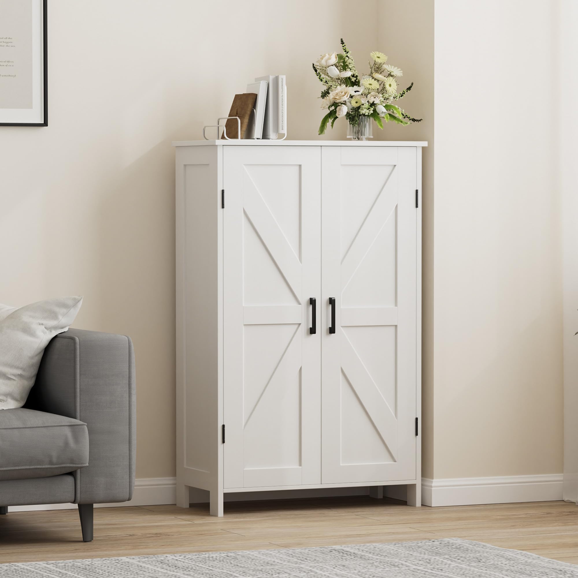 Homleke Farmhouse Bathroom Cabinet with Adjustable Shelves, Free-Standing Storage Cabinet with Barn Doors, for Kitchen, Living Room, Dining Room, Entryway, White