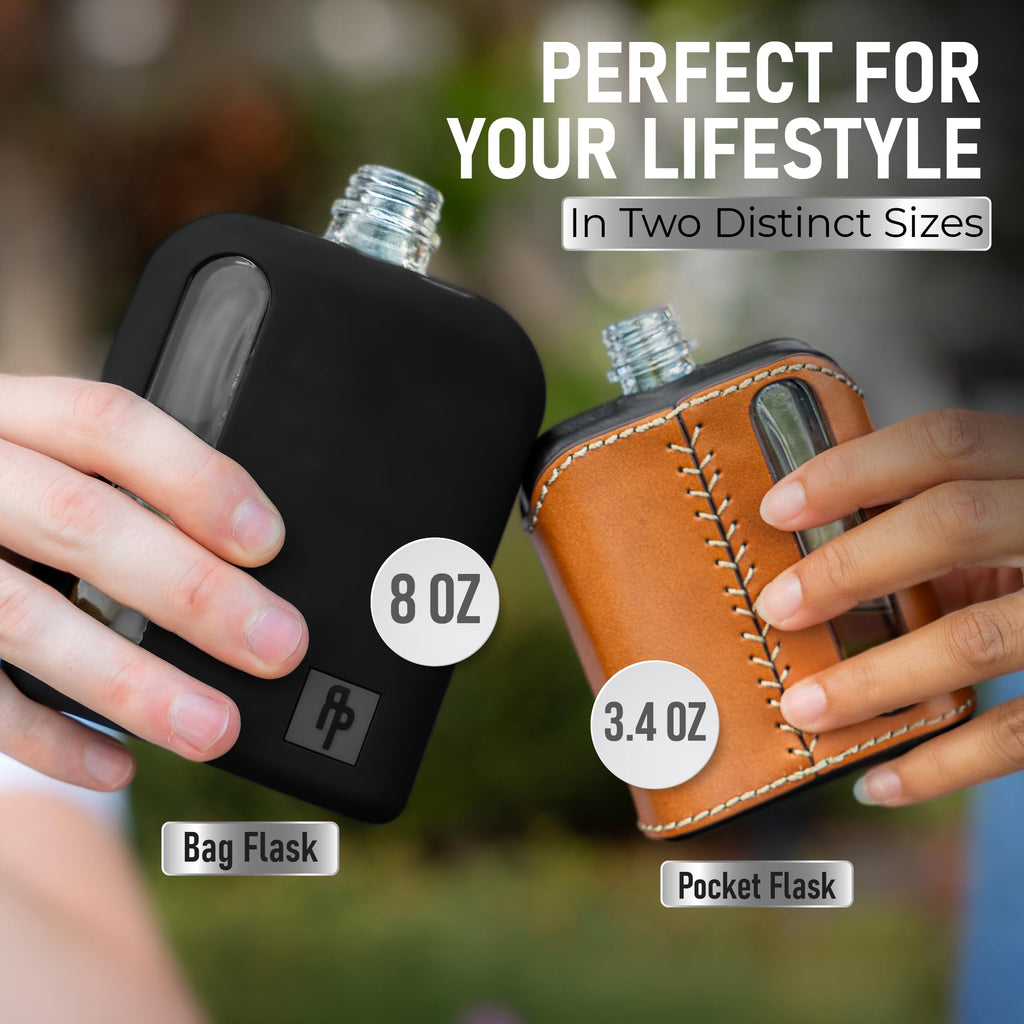 Ragproper Glass Hip Flask Set for Men – Modern Whiskey & Liquor Flasks with Cork & Silicone Lid Liner, Durable Silicone Cover, Firm Grip & Curved Edges – 100ml Single Shot and 240ml Double Shot, Black