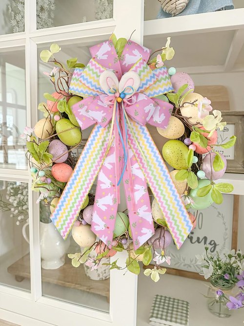 BUVANE Easter Wreath Bows - Large Burlap Bunny Bows for Indoor/Outdoor Holiday Decor | Pink