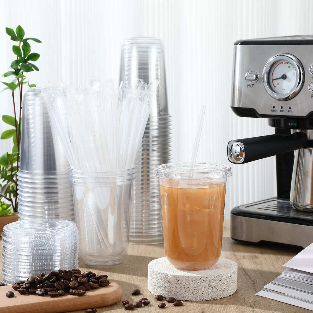 Ziliny 100 Sets Clear Plastic Cups with Lids and Straws, Disposable Iced Coffee Cups Clear Drinking Cups for Cold Drinks, Juice, Smoothie, Pet Cup for Coffee Shops, Party, Christmas(16 oz)
