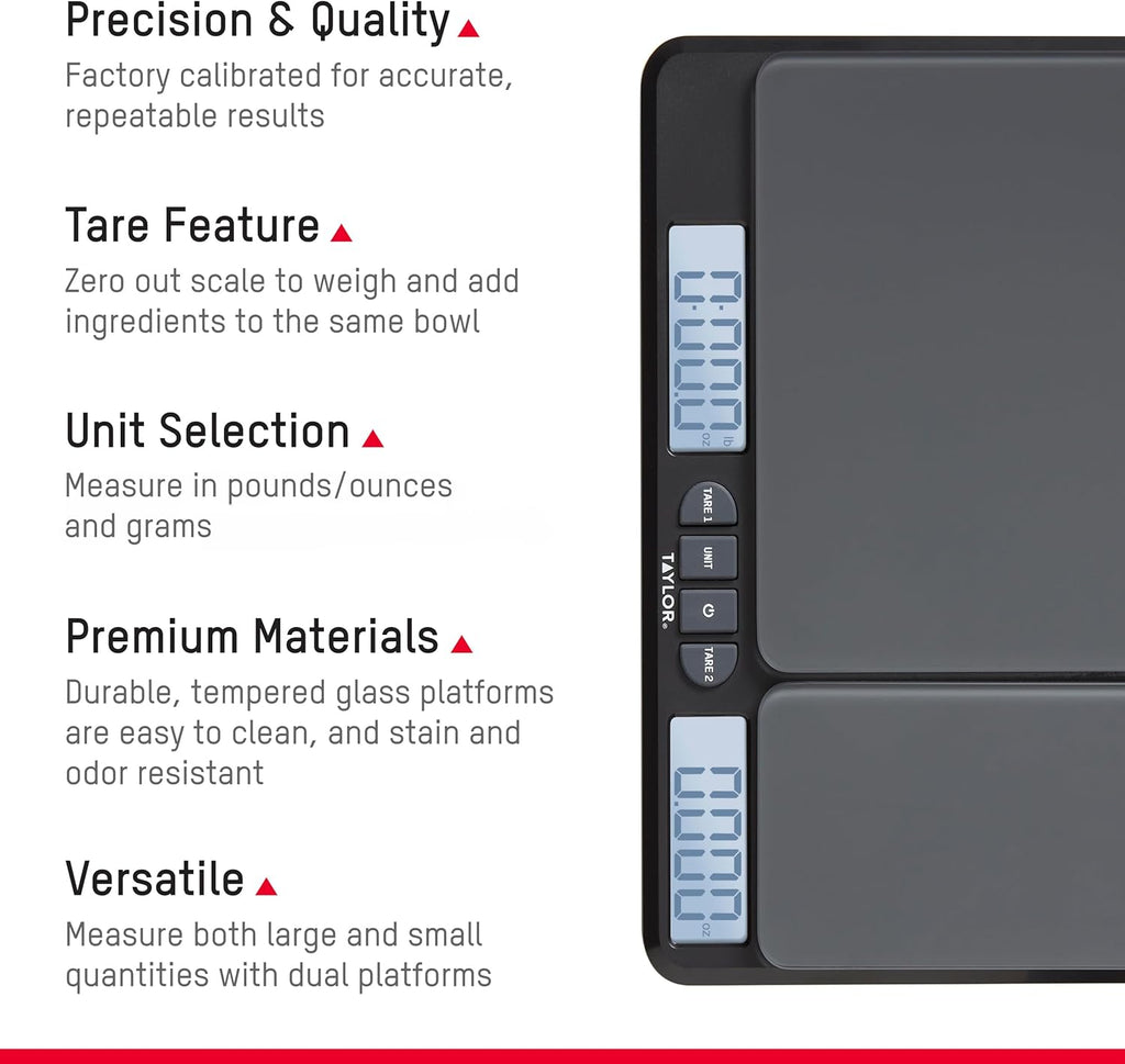 Taylor Dual Platform Kitchen Scale - Digital Grams & Ounces for Weight Loss & Cooking | 15lb Capacity, Black