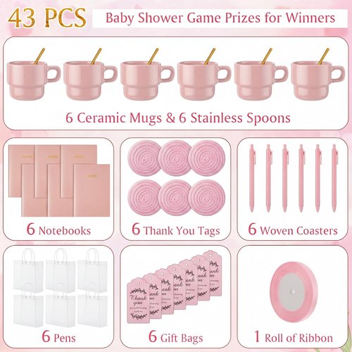 Yiyiring 43 Pcs Baby Shower Game Prizes for Game Winners Baby Shower Gifts Including Ceramic Mugs with Spoons Woven Coasters and Notebook Pen Gift Bags Thank You Card for Wedding Bridal Favors (Pink)