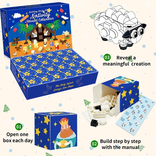 Nativity Advent Calendar 2025 Kids Adult Girls Boys Teens, 1500PCS Christmas Advent Calendar Christmas Gifts for Kids Nativity Set for Kids Girls stocking stuffers 24 Boxes Christian Advent calendar 2025